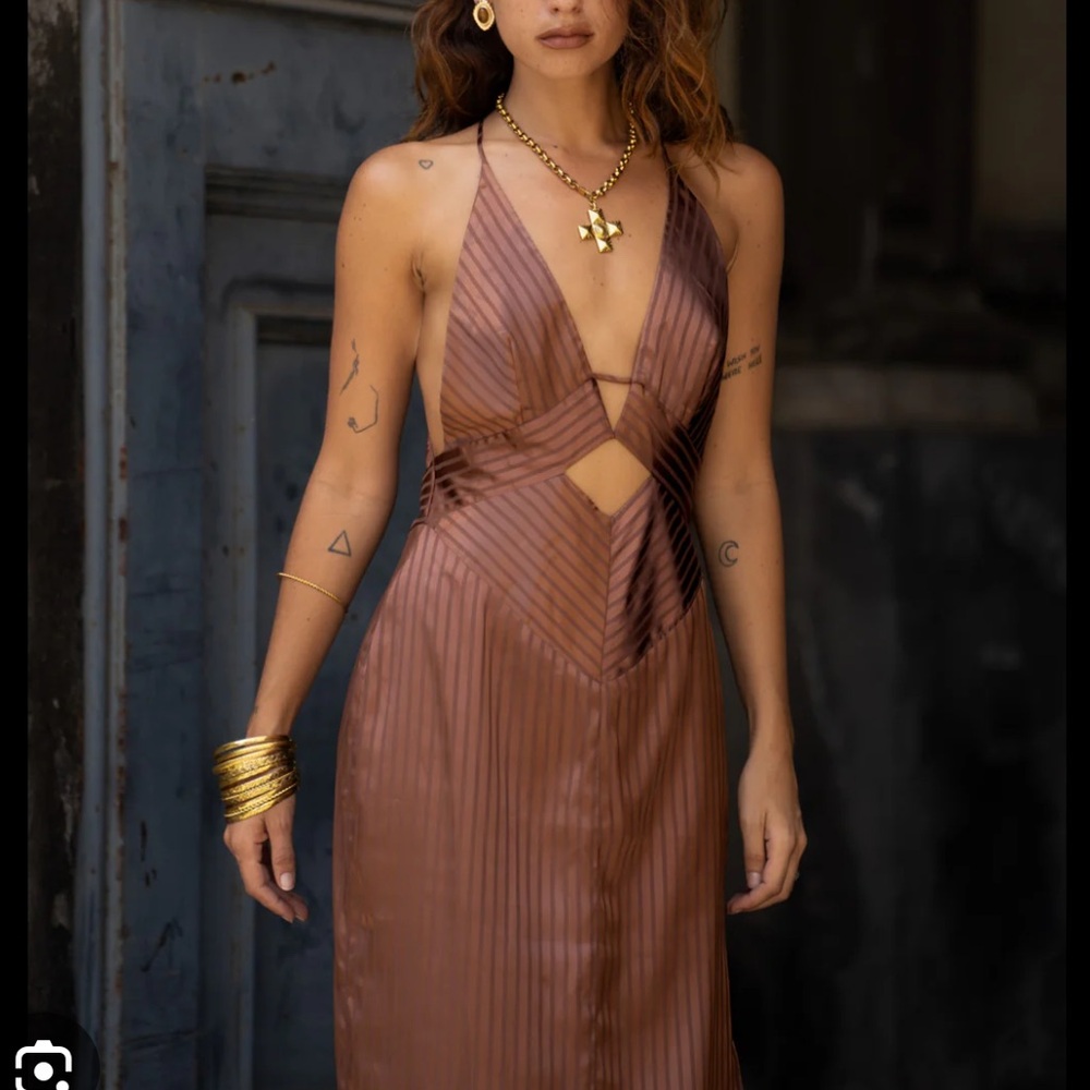 12th Tribe Brown Striped Cutout Maxi Dress - Picture 2 of 3